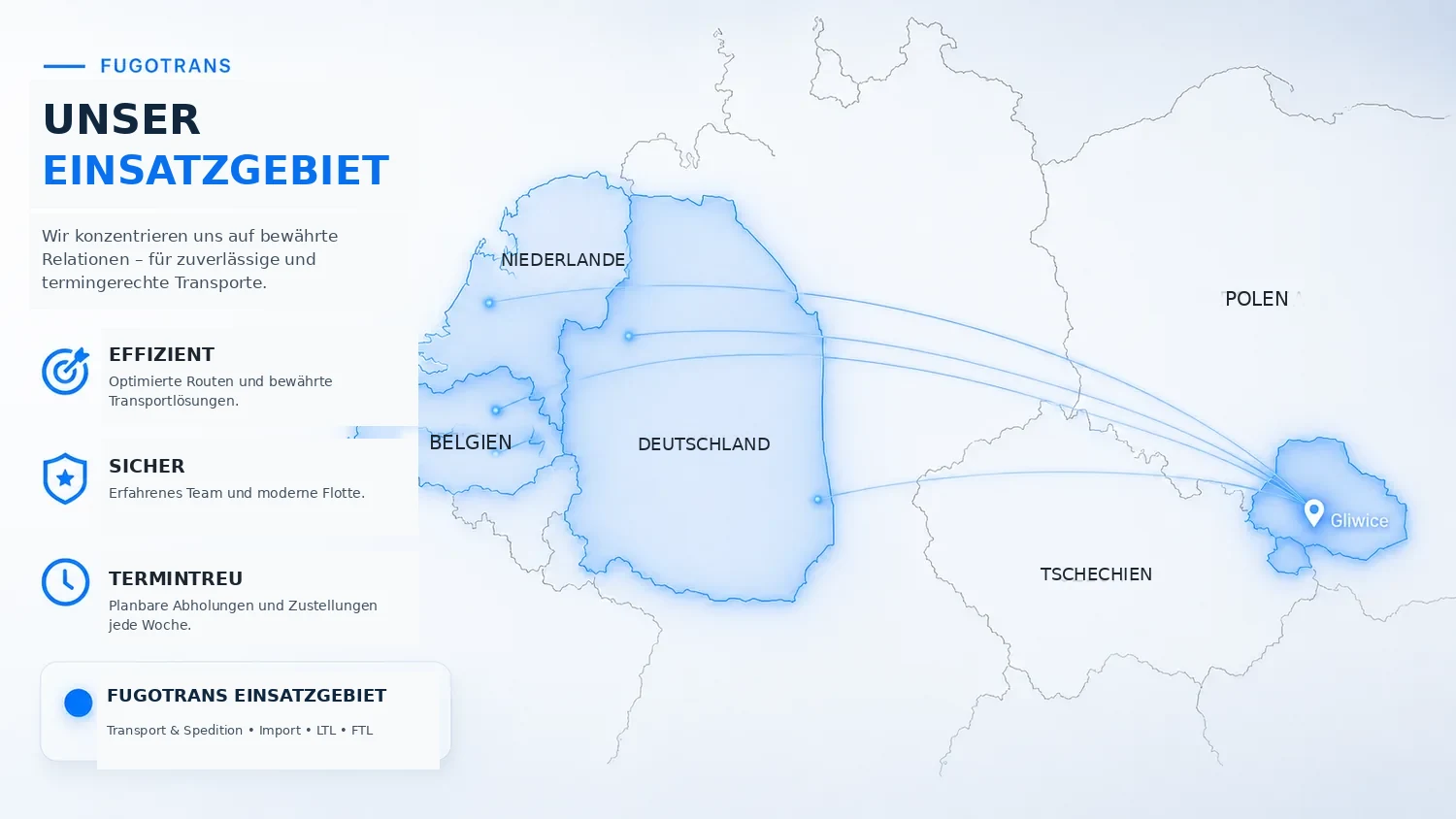 Karte des FUGOTRANS-Einsatzgebiets: Belgien, Niederlande, Westdeutschland und Schlesien