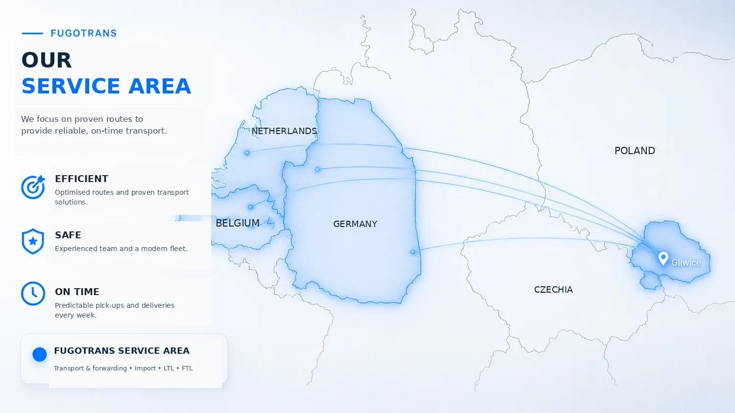 Visual map of the FUGOTRANS service area: Belgium, the Netherlands, western Germany and Silesia
